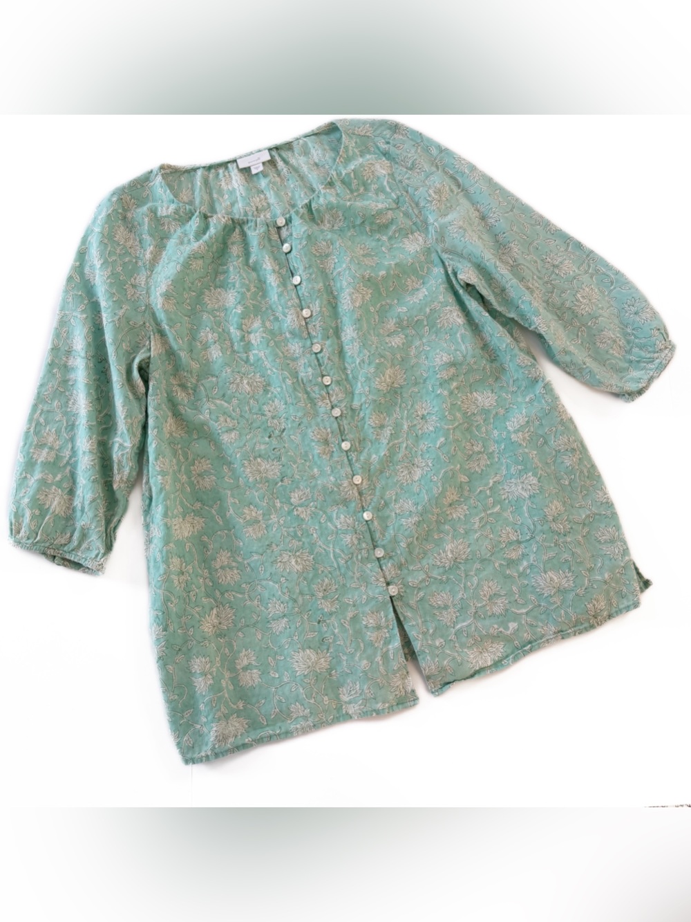 J. Jill Pure Jill Shirt Women Medium Button Front Tunic Aqua Vines Indian Cotton - Picture 2 of 7